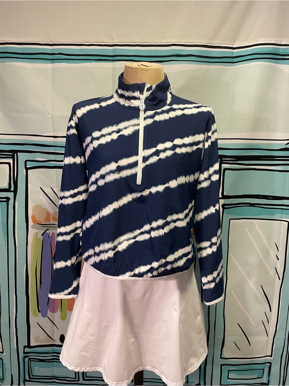 Talbots Navy and White Tie-Dye Half-Zip Top